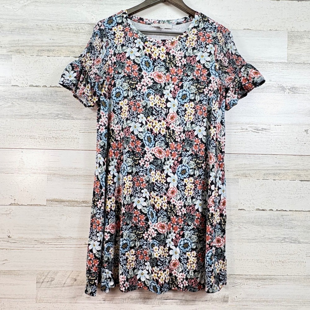 LOFT Floral Smocked Ruffle Sleeve Shift Dress Black Multi Size M Cottagecore